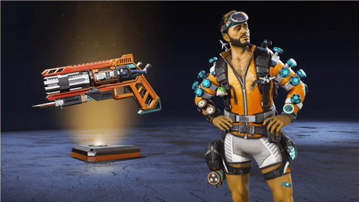 Mirage's scuba suit skin from the Sun Squad Collection Event in Apex Legends with a Wingman.